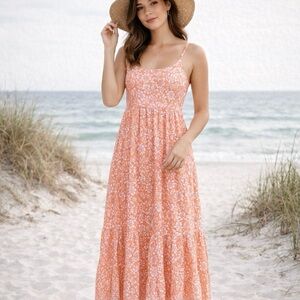 Patrons of Peace Orange Floral Tiered Maxi Dress Small Boho Beach Cottagecore